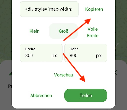 Du kannst den HTML-Code entweder kopieren oder auf Teilen tippen, um ihn dir z. B. per E-Mail zu senden.