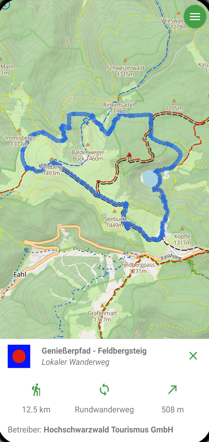 EntdeckerPfad-Bildschirm: Rundwanderweg am Feldberg mit Länge und Höhenmetern