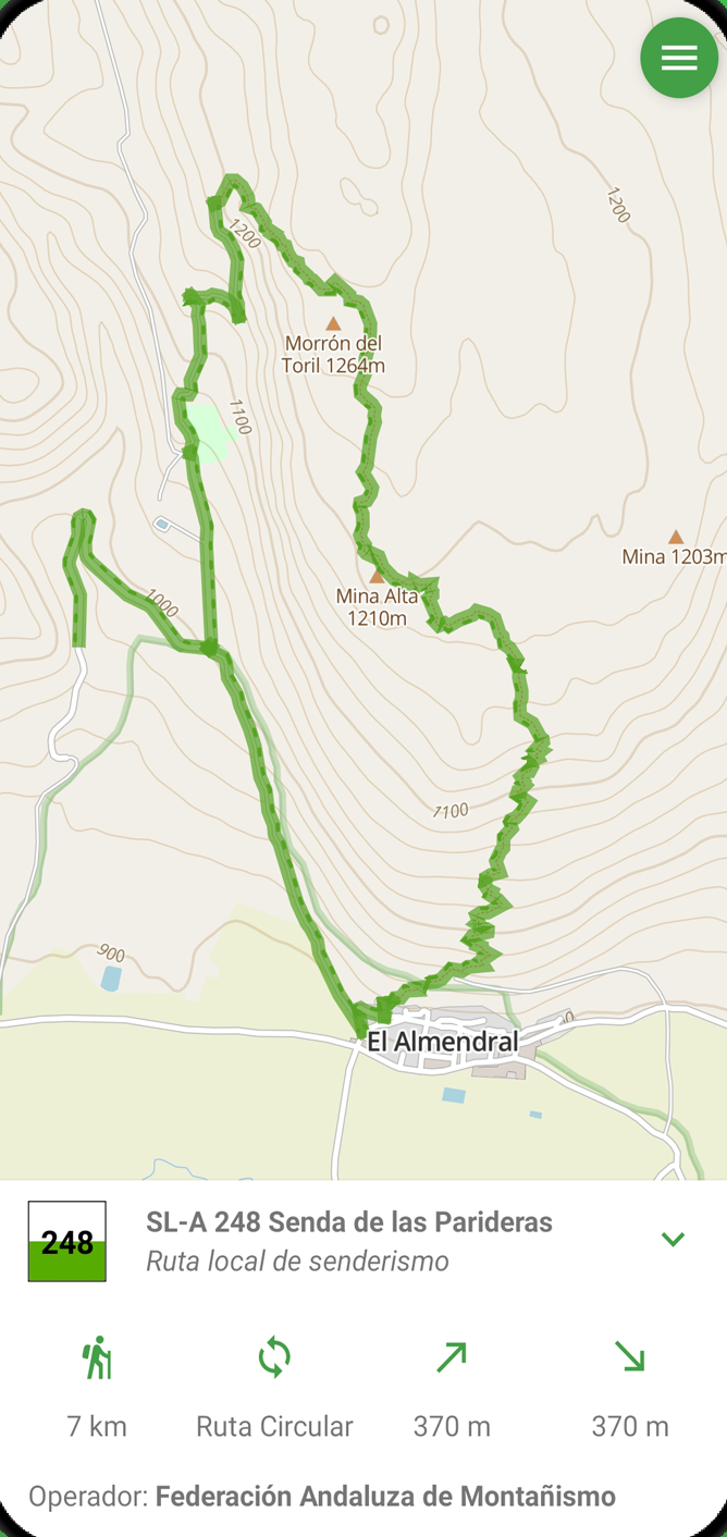 Pantalla de DescubreSendero: sendero señalizado con longitud, desnivel y operador