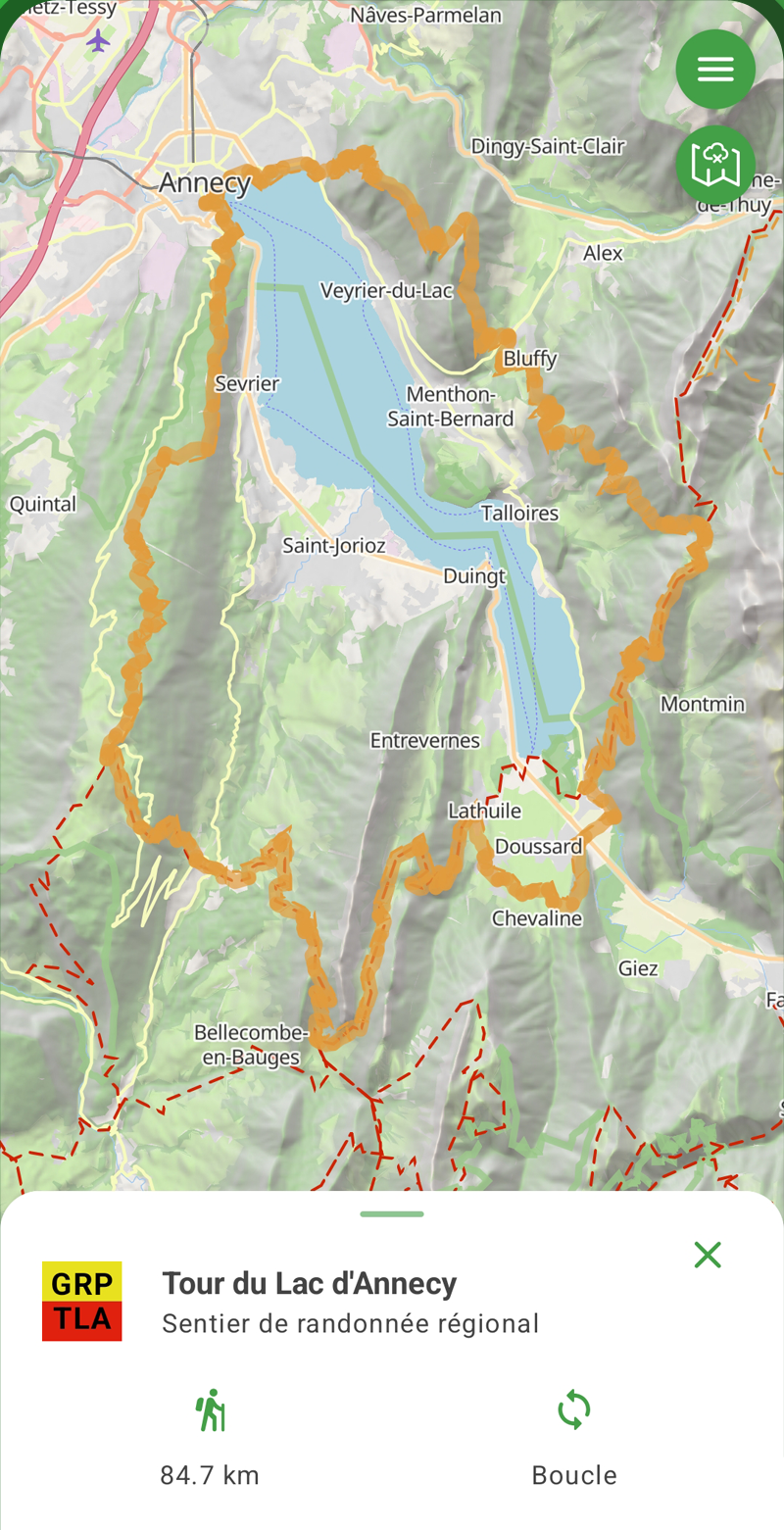Écran de DécouvreSentier : Tour du Lac d’Annecy avec sa longueur et son type