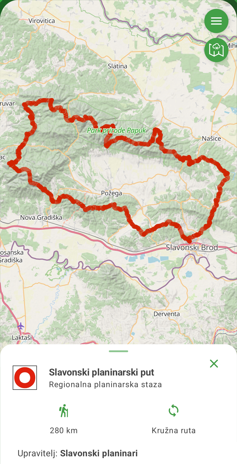 Zaslon aplikacije OtkrijStazu: Slavonski planinarski put, regionalna kružna planinarska staza duga 280 km