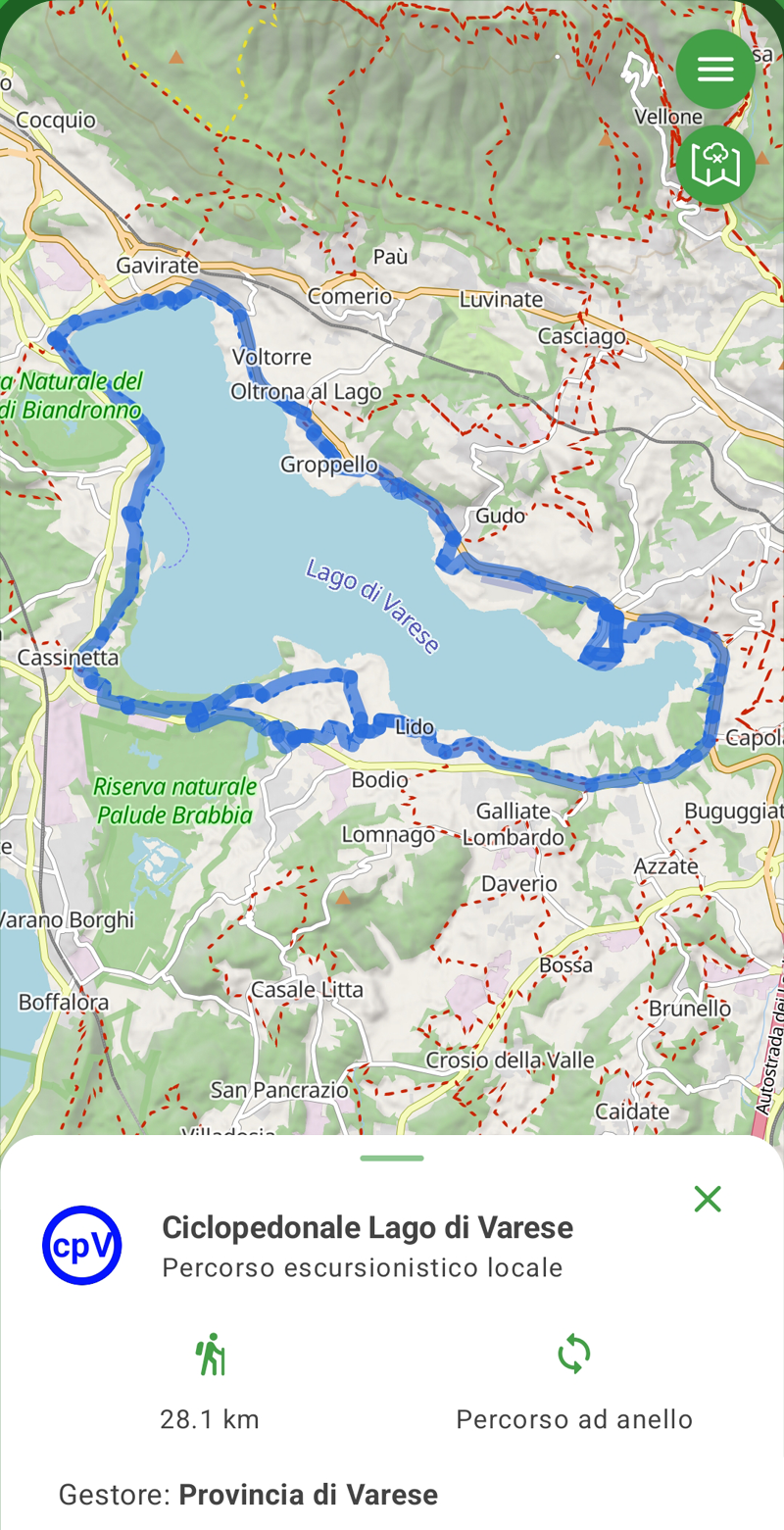 Schermata di ScopriSentiero: Ciclopedonale Lago di Varese con lunghezza e tipo di percorso