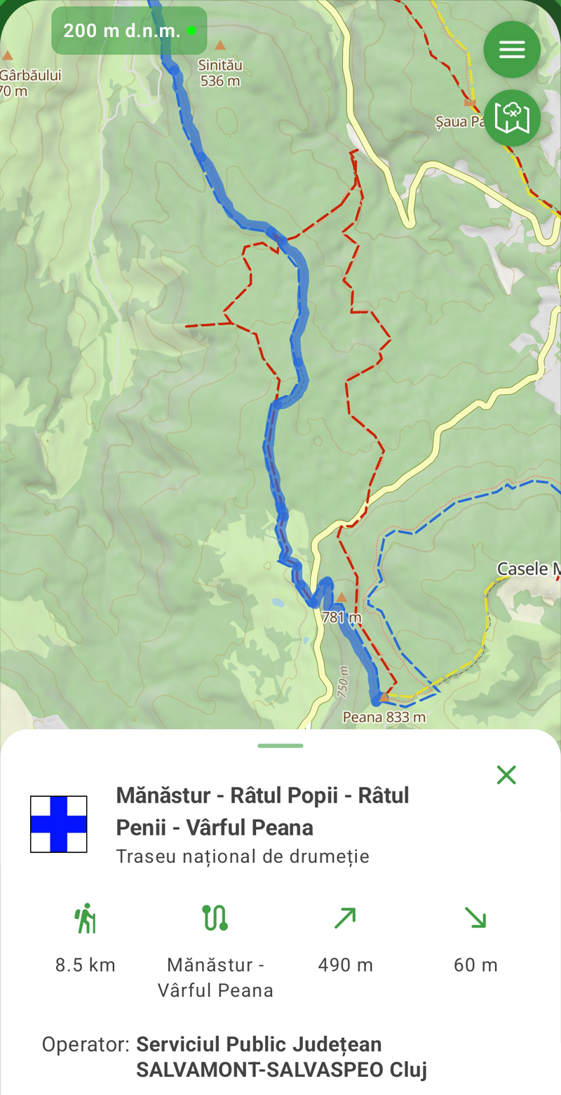Ecran DescoperăTrasee: traseul Mănăștur – Vârful Peana cu lungimea și tipul traseului