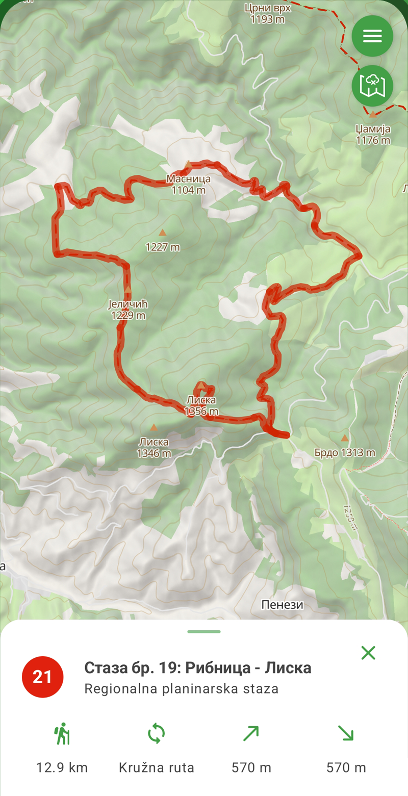 Ekran aplikacije OtkrijStazu: kružna regionalna planinarska staza Ribnica – Liska dužine 12,9 km
