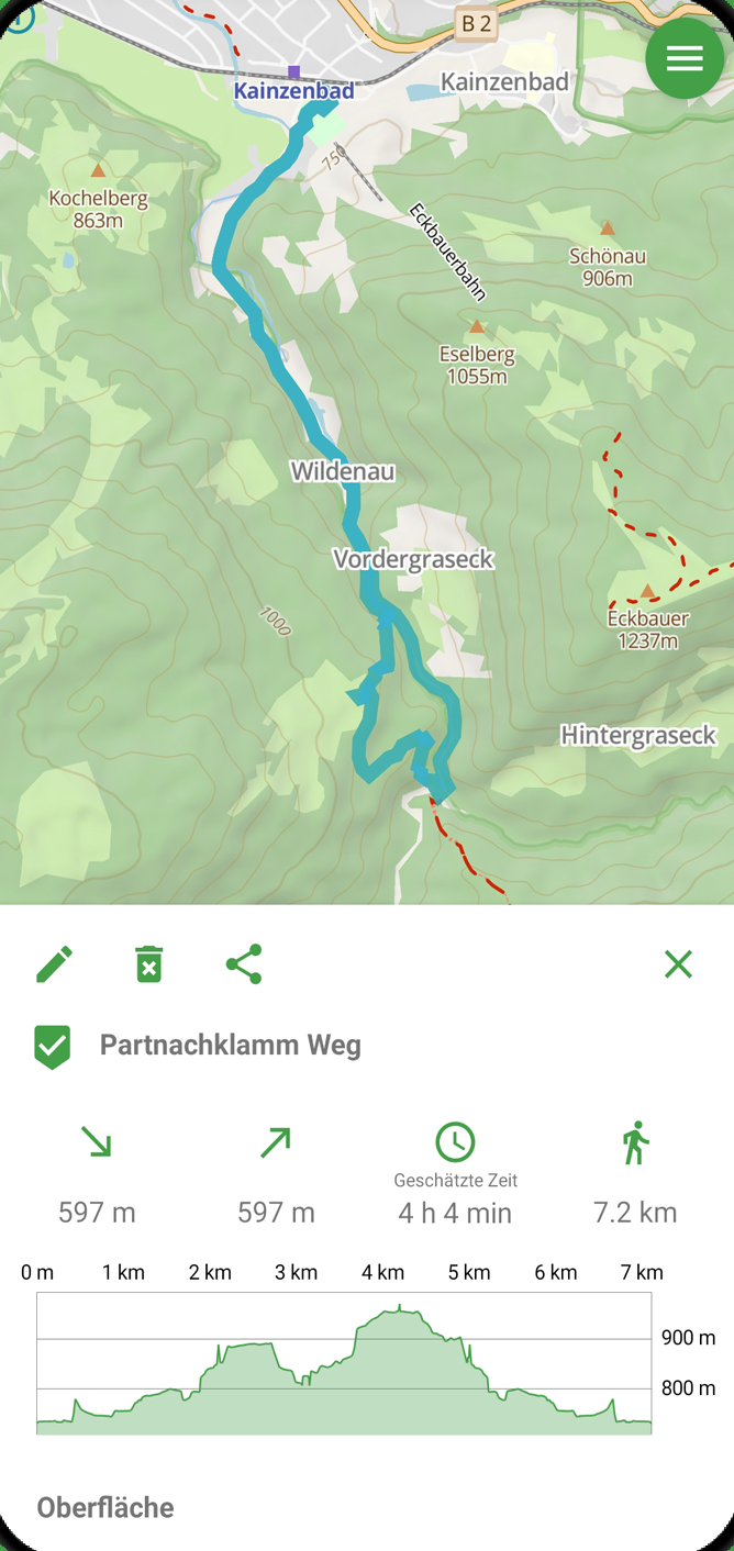 EntdeckerPfad-Bildschirm: geplante Route mit Dauer und Höhenprofil
