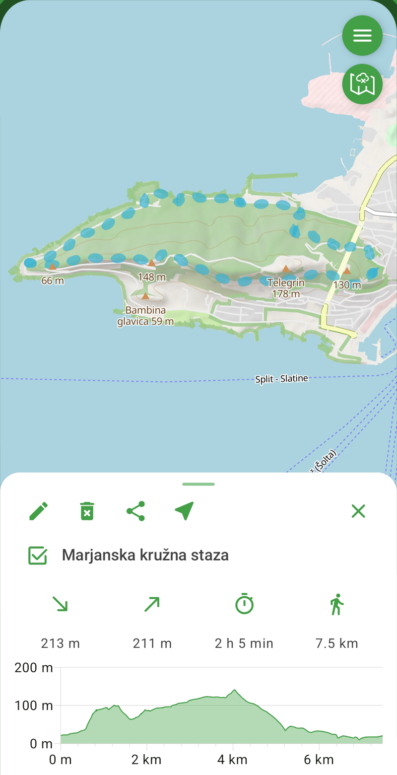 Zaslon aplikacije OtkrijStazu: isplanirana Marjanska kružna staza s udaljenošću, procijenjenim vremenom i visinskim profilom