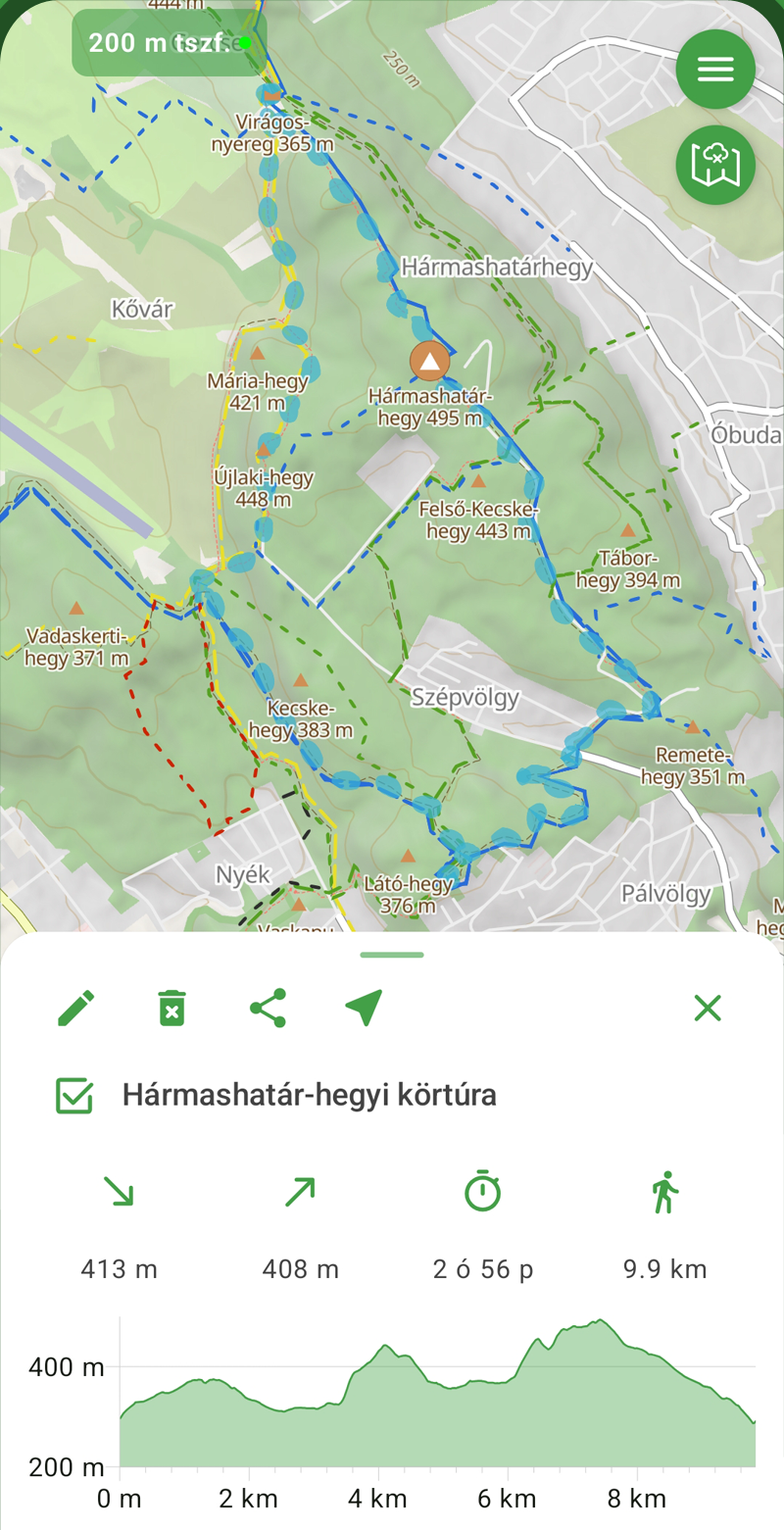 ÖsvényFelfedező képernyő: tervezett Hármashatár-hegyi körtúra távval, idővel és magassági profillal