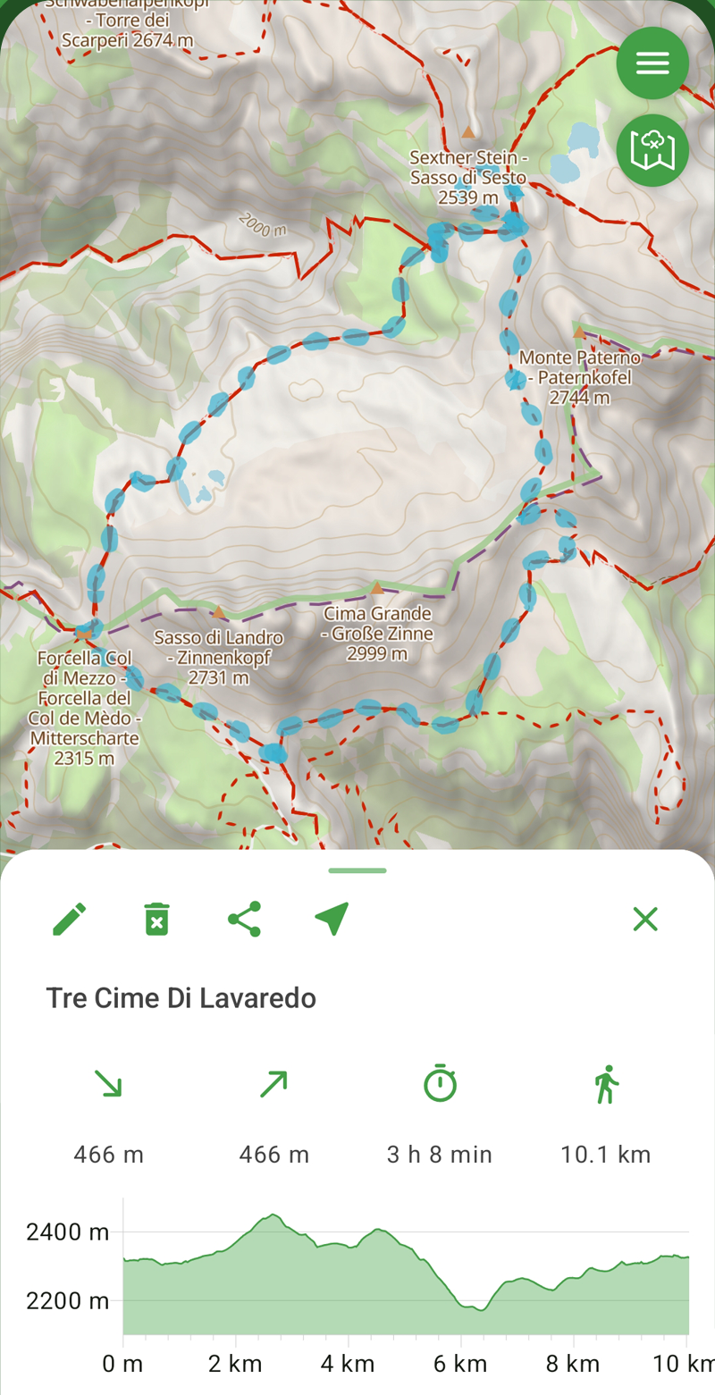 Schermata di ScopriSentiero: percorso pianificato alle Tre Cime di Lavaredo con distanza, tempo e profilo altimetrico