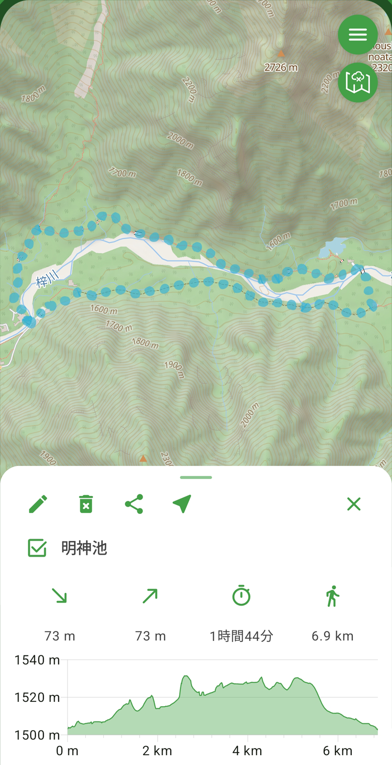 トレイル発見の画面：距離、予想所要時間、標高グラフ付きの明神池への計画ルート