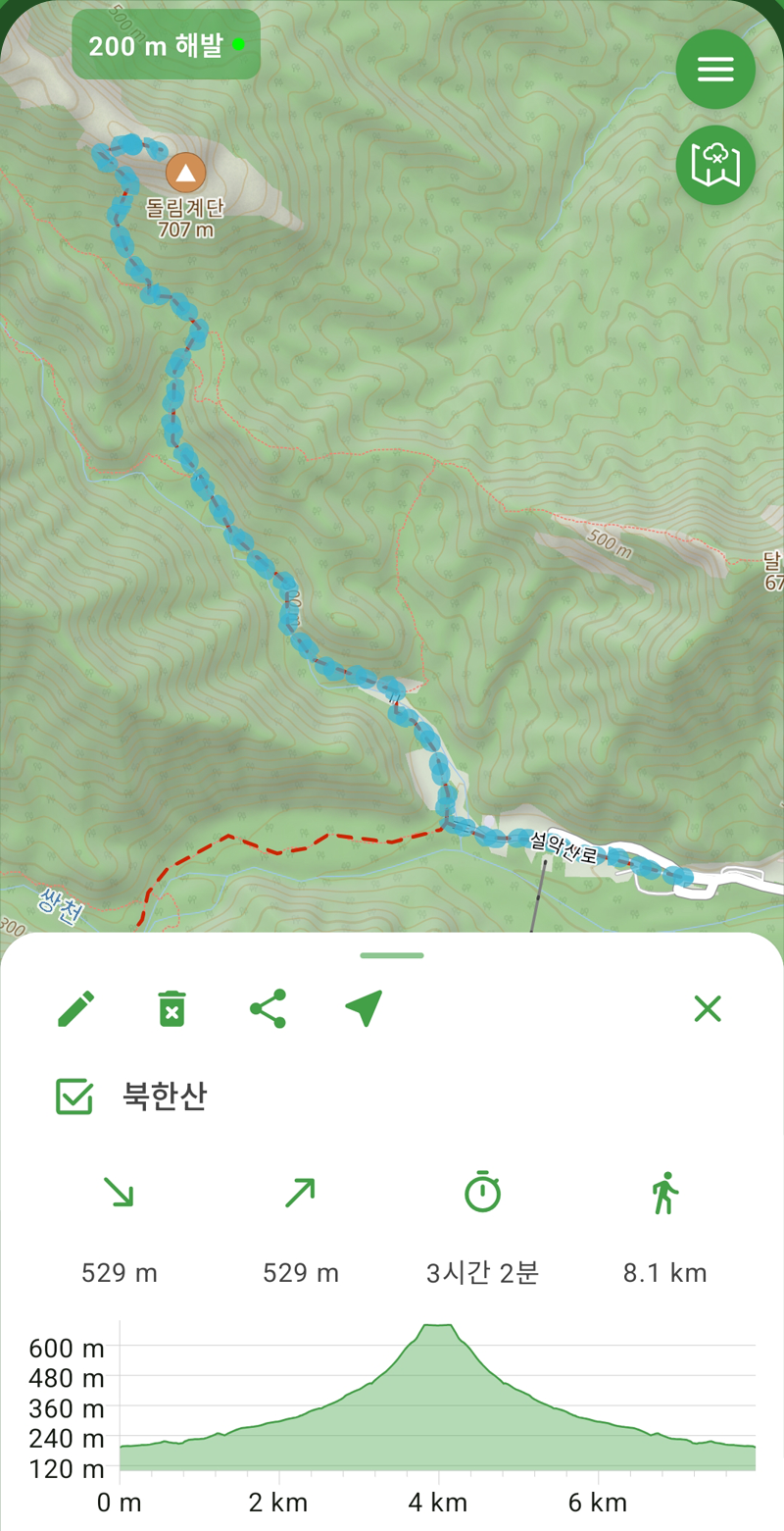 트레일 탐색 화면: 거리, 시간, 고도 그래프가 표시된 북한산 계획 코스