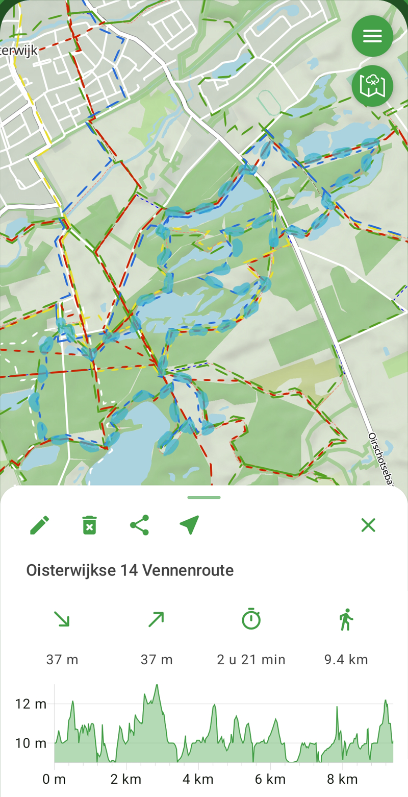 Scherm van OntdekRoute: geplande Oisterwijkse 14 Vennenroute met afstand, tijd en hoogteprofiel