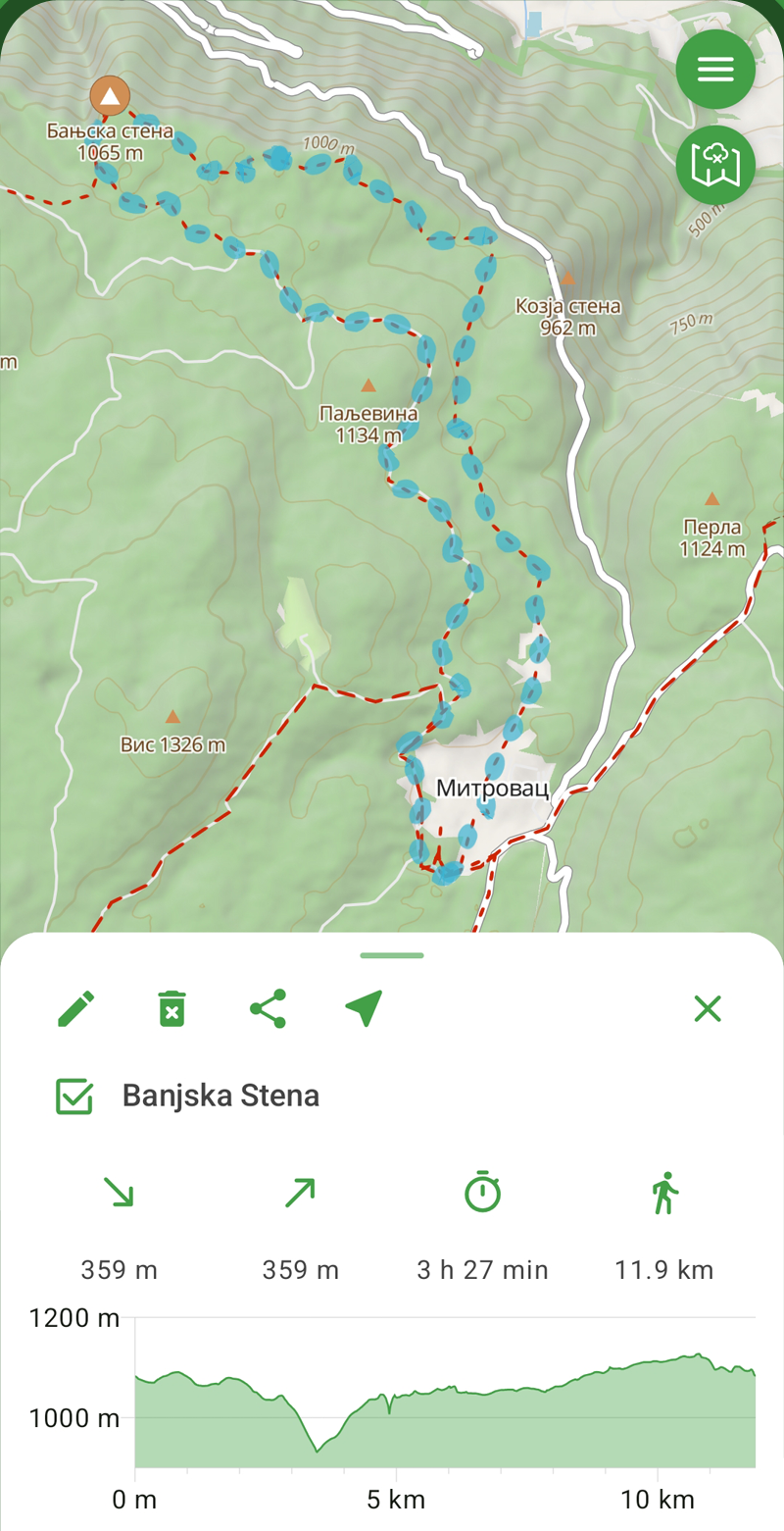 Ekran aplikacije OtkrijStazu: isplanirana ruta Banjska stena sa dužinom, procenjenim vremenom i visinskim profilom