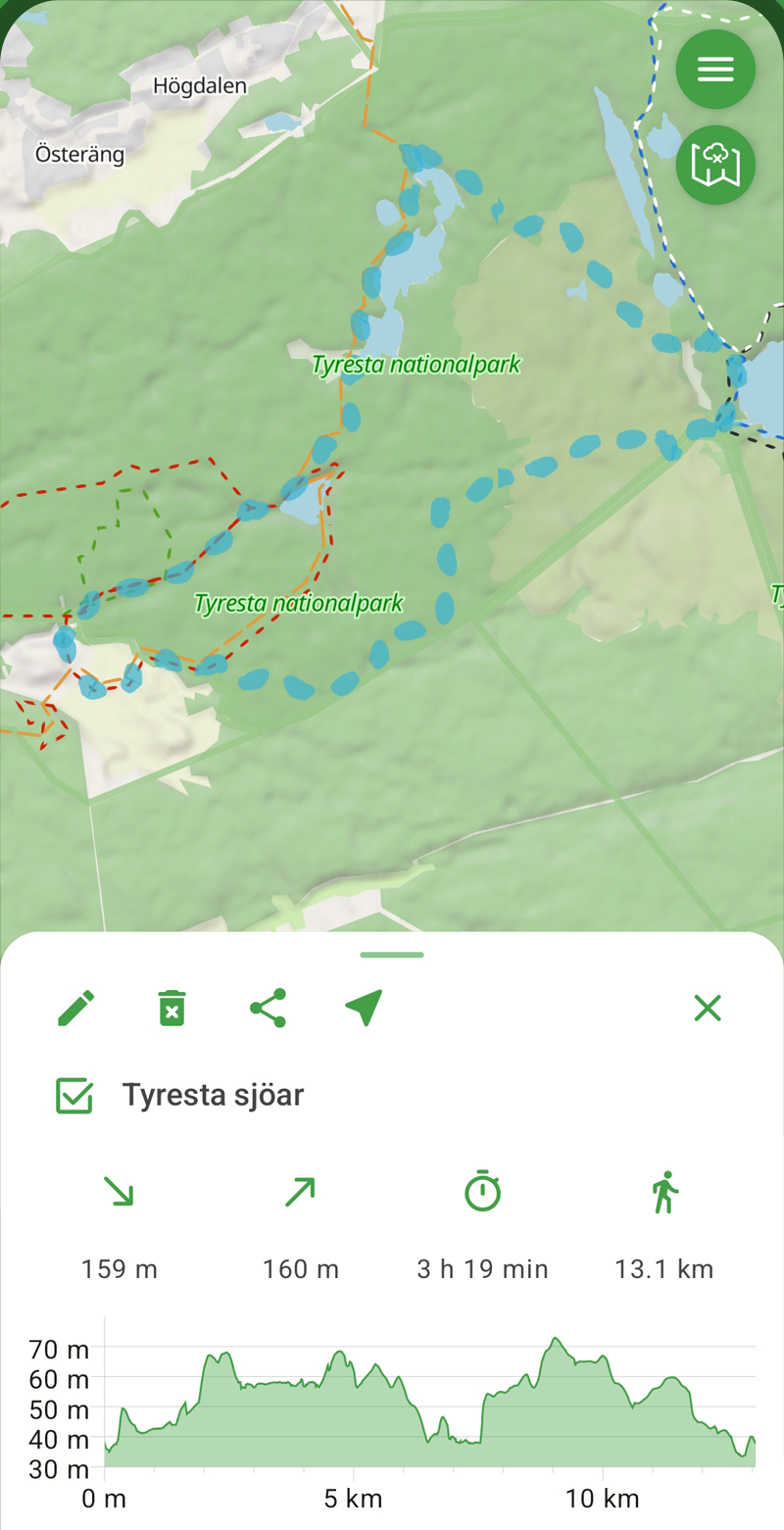 Skärmbild från UpptäckLeden: planerad rutt runt Tyresta sjöar med längd, beräknad tid och höjdprofil