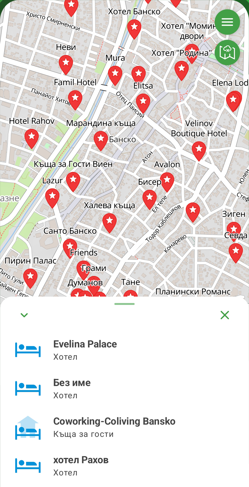 Екран на ОткрийПътеки: карта с хотели и къщи за гости в Банско