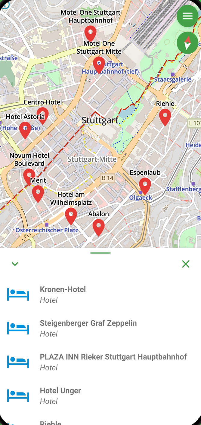 EntdeckerPfad-Bildschirm: Karte mit Hotels in Stuttgart