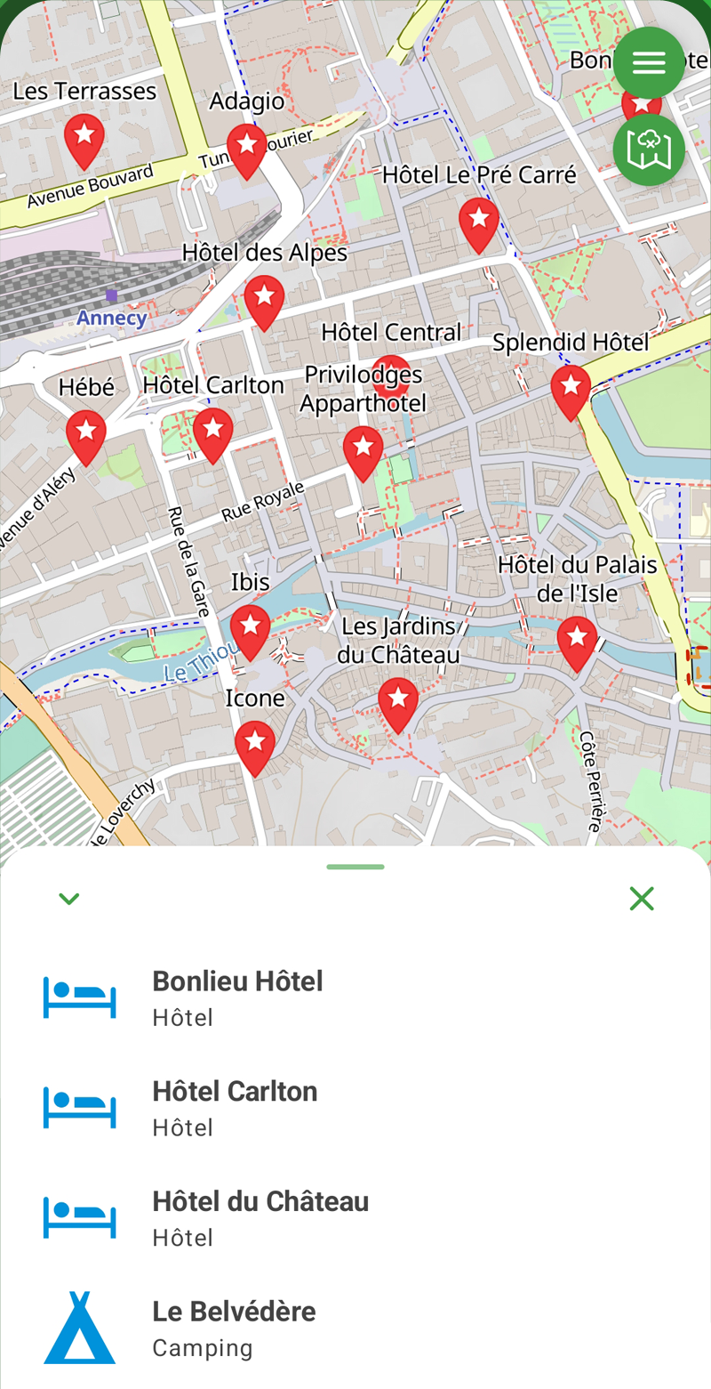 Écran de DécouvreSentier : carte des hôtels et campings à proximité à Annecy