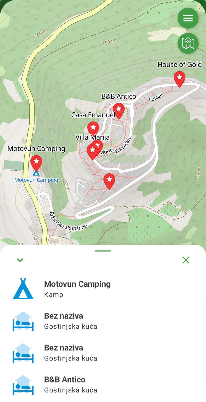 Zaslon aplikacije OtkrijStazu: karta s kampom i obližnjim smještajem u Motovunu