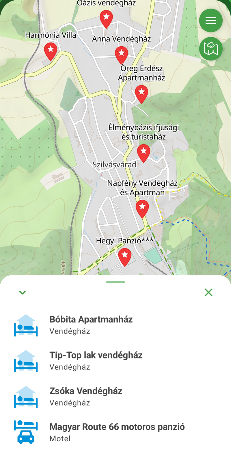ÖsvényFelfedező képernyő: térkép a közeli vendégházakkal és apartmanokkal Szilvásváradon