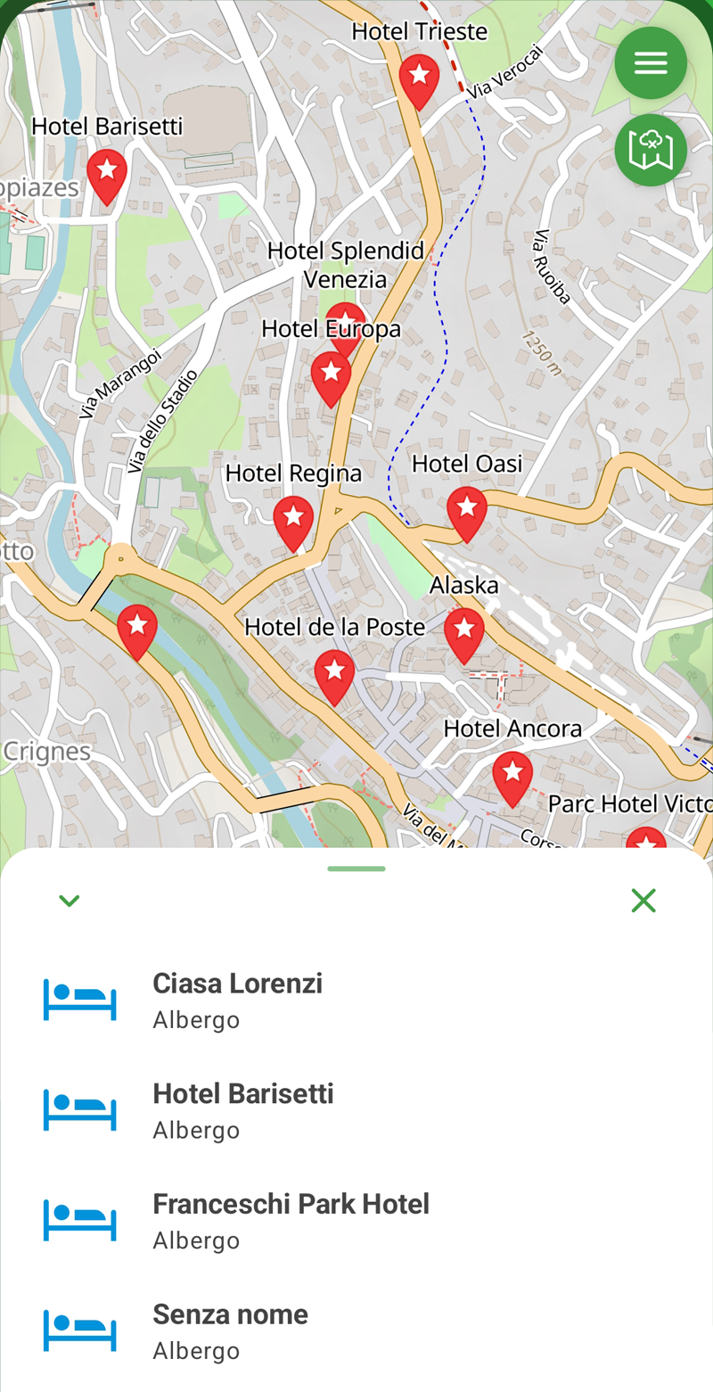 Schermata di ScopriSentiero: mappa con alberghi nelle vicinanze a Cortina d’Ampezzo