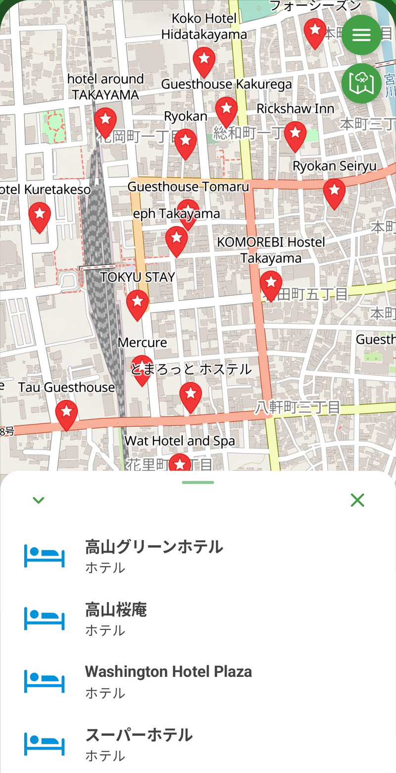 トレイル発見の画面：高山の市街地にあるホテルを表示した地図