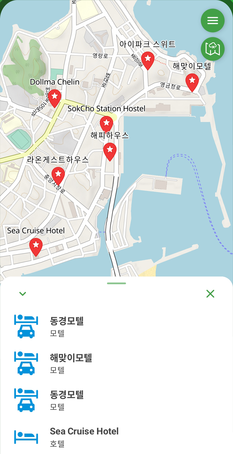 트레일 탐색 화면: 속초의 주변 호텔과 모텔이 표시된 지도