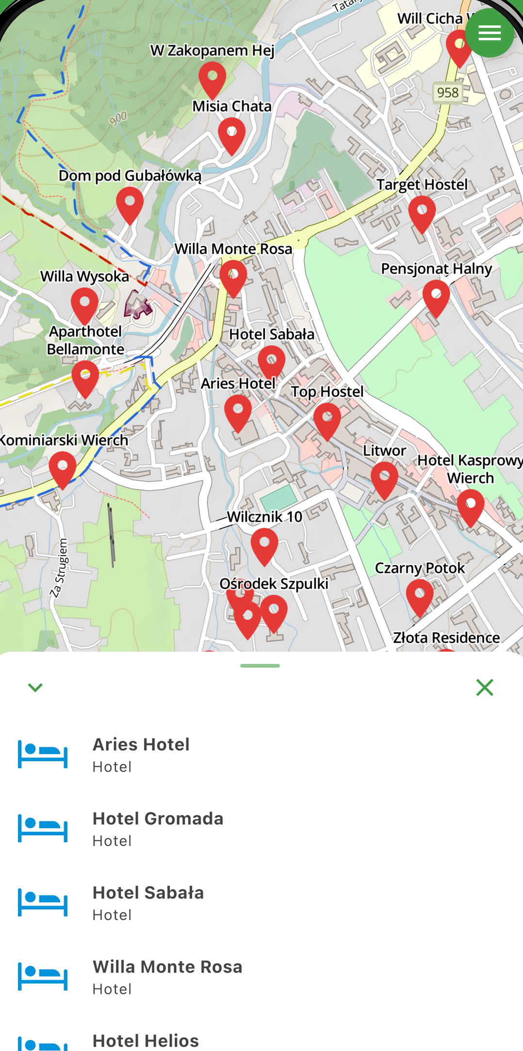 Ekran OdkryjSzlak: mapa z pobliskimi hotelami i pensjonatami w Zakopanem