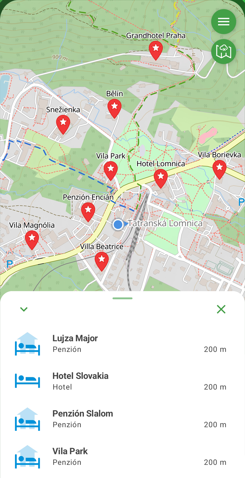 Obrazovka ObjavTrasy: mapa s penziónmi a hotelmi v Tatranskej Lomnici