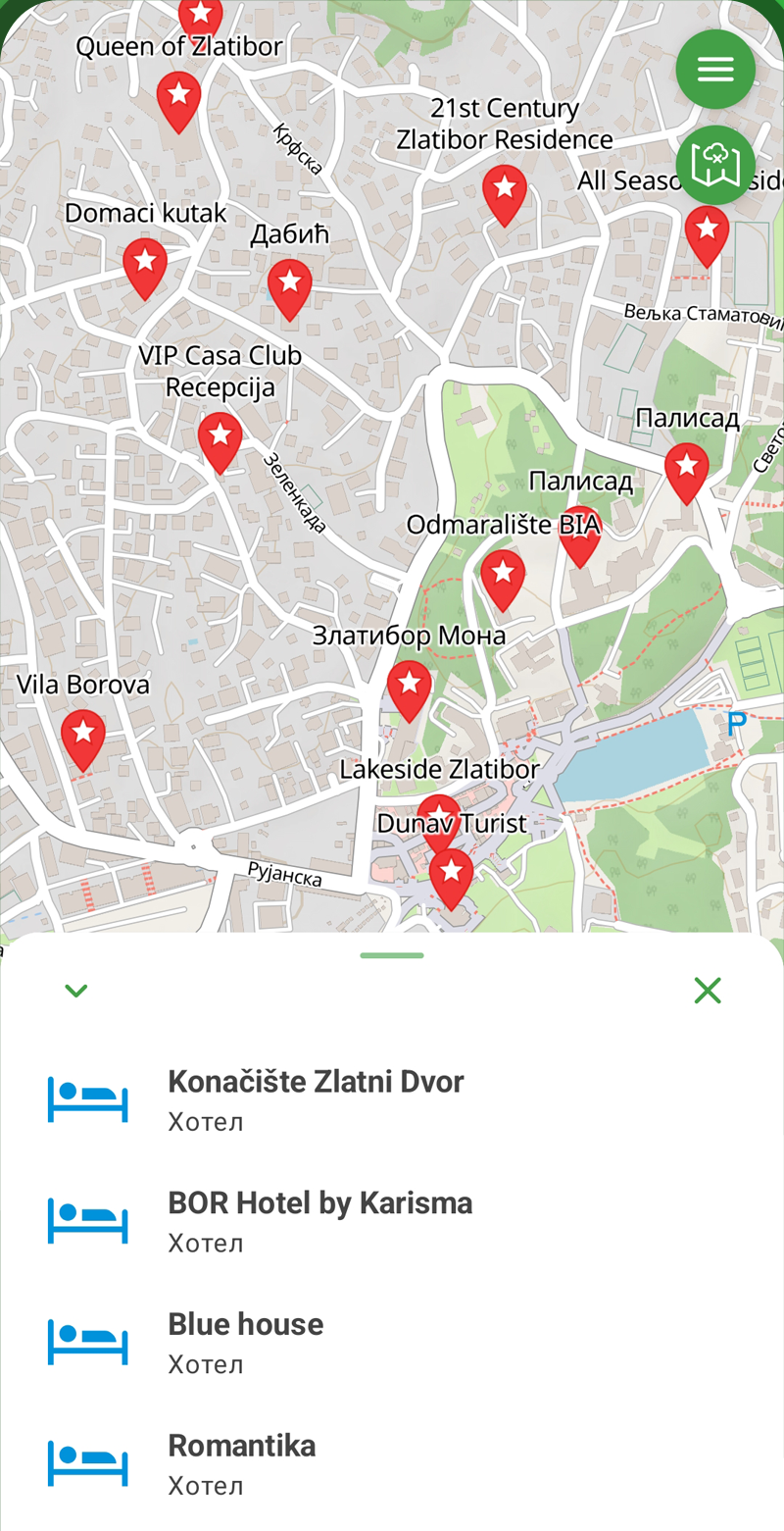 Ekran aplikacije OtkrijStazu: mapa sa obližnjim hotelima na Zlatiboru
