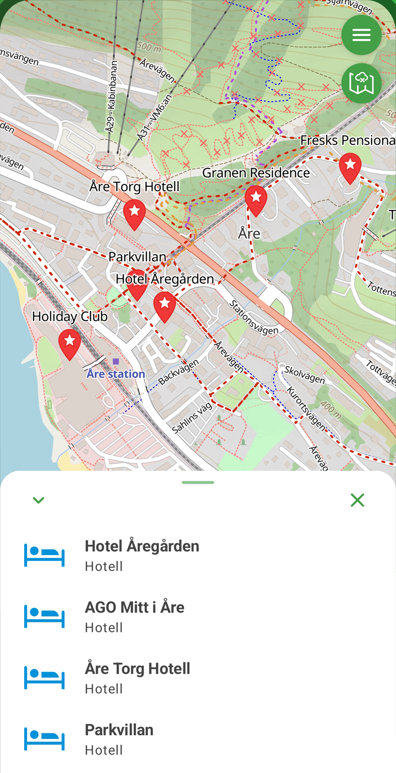 Skärmbild från UpptäckLeden: karta med hotell i närheten i Åre