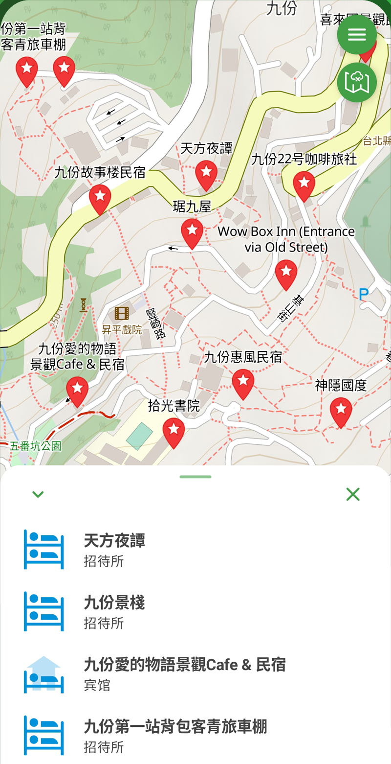 步道探索畫面：九份附近民宿與旅館的地圖